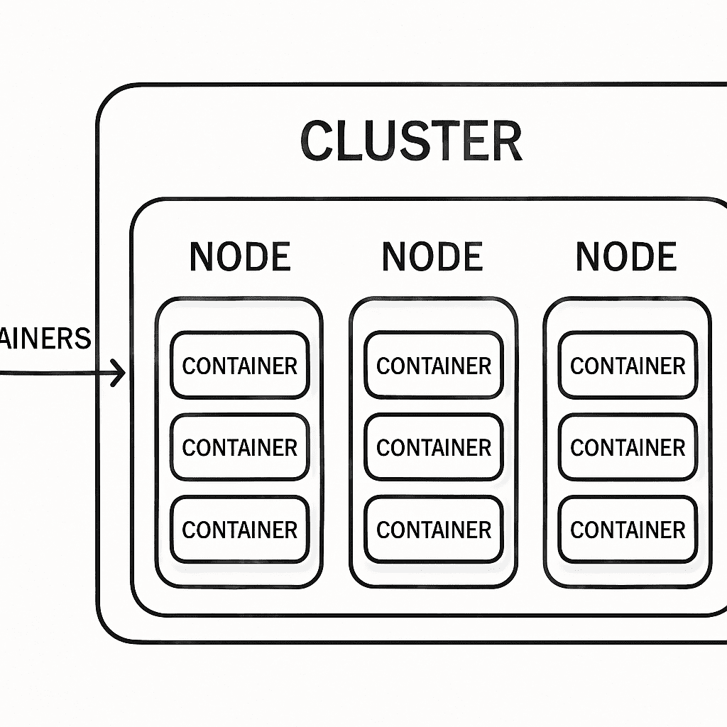 Diagram showing Kubernetes architecture with containers, clusters, and nodes