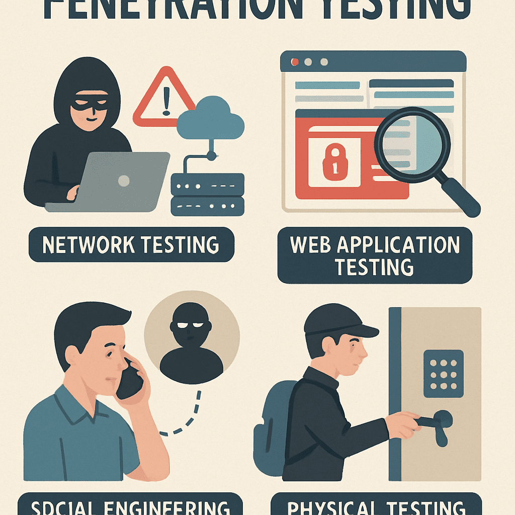 Various types of penetration testing being illustrated