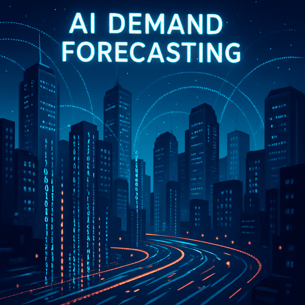 A futuristic cityscape with digital data streams representing AI technology in demand forecasting