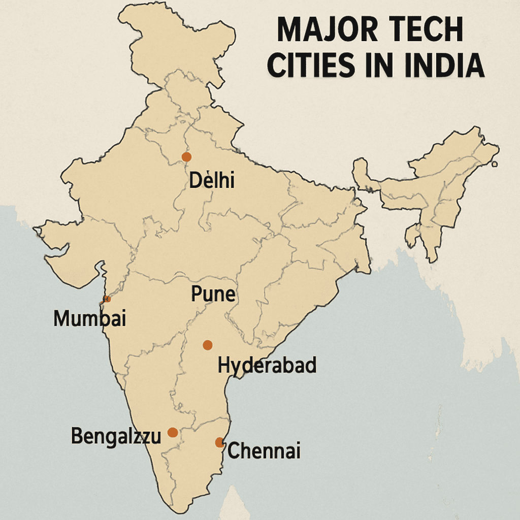 A map of India highlighting major tech cities