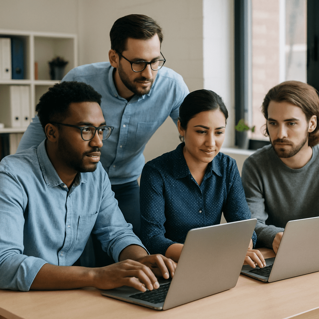 A team of IT professionals working together in an office setting