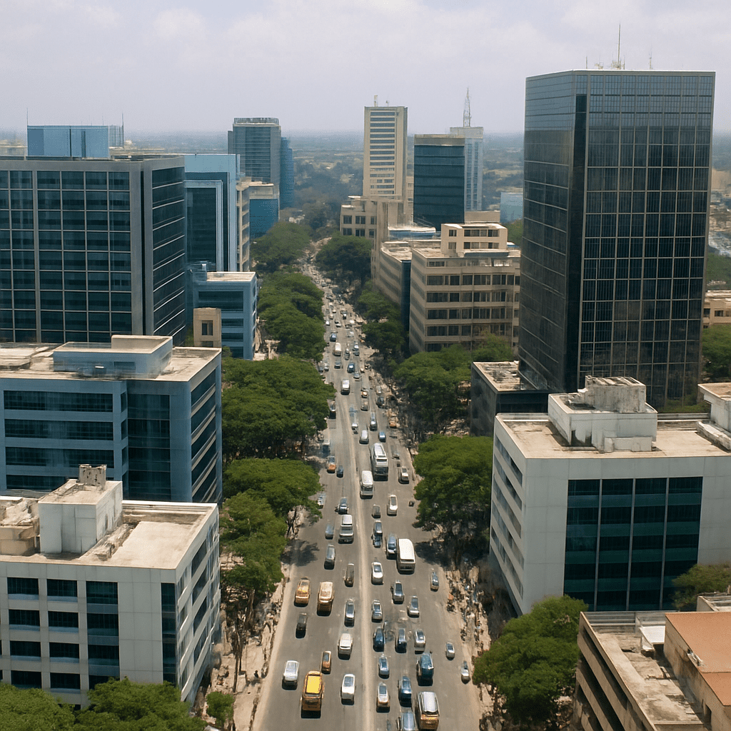 Aerial view of Bangalore's tech hub showing high-rise buildings and bustling streets