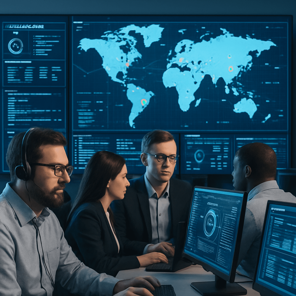 Team of cybersecurity experts working at a modern Security Operations Center