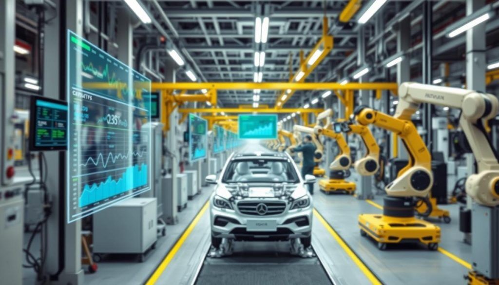 KI-Systeme, die ein Automobil-Fließband überwachen, an dem Roboter und menschliche Arbeiter zusammenarbeiten