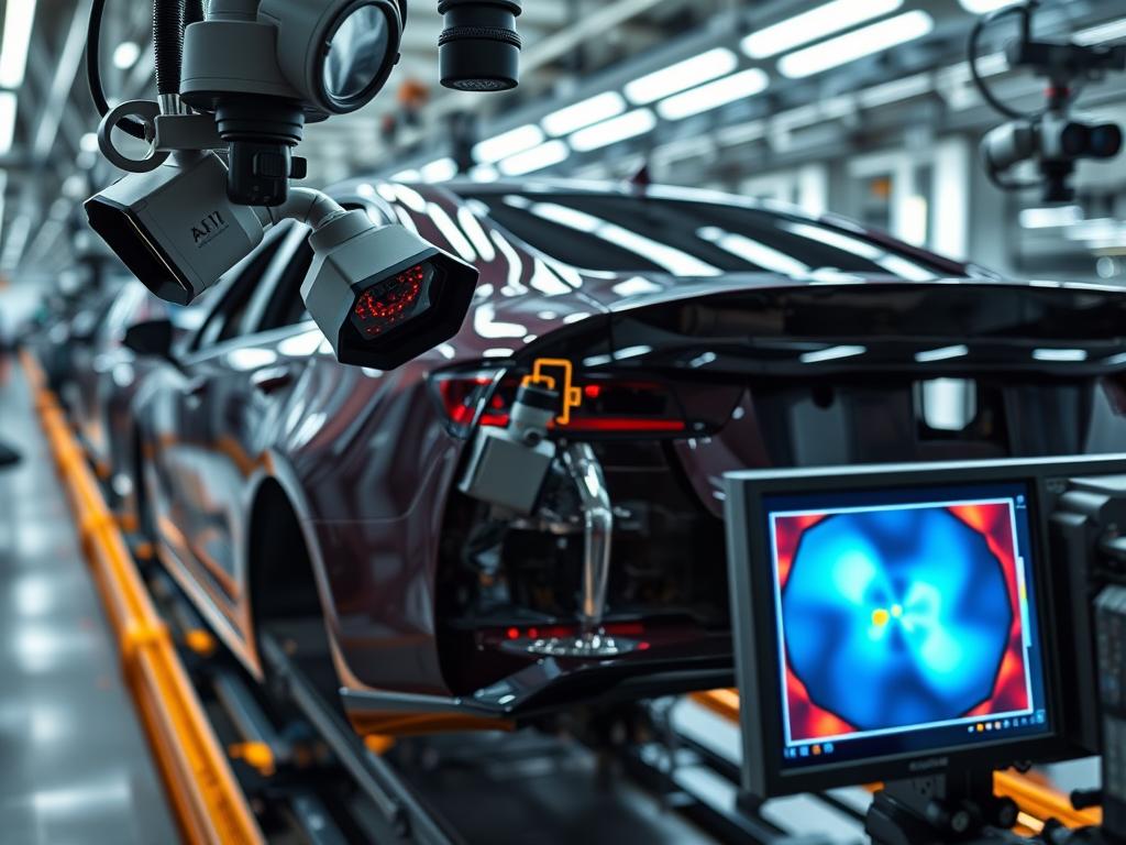 Visuelles KI-Inspektionssystem, das Lackfehler an einer Autokarosserie in Echtzeit erkennt