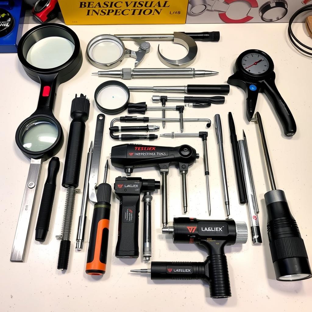 Grunnleggende verktøy for visuell inspeksjon, inkludert lupe, skyvelære og inspeksjonsspeil