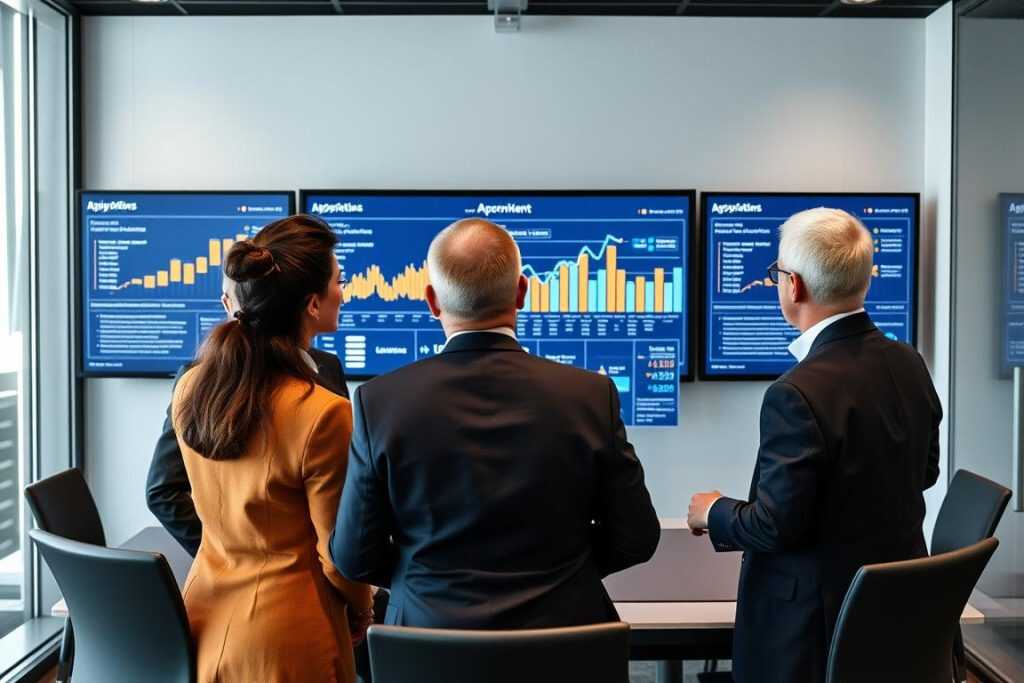 Geschäfts- und IT-Führungskräfte, die das Dashboard mit den Geschäftsergebnissen der AWS-Migration überprüfen