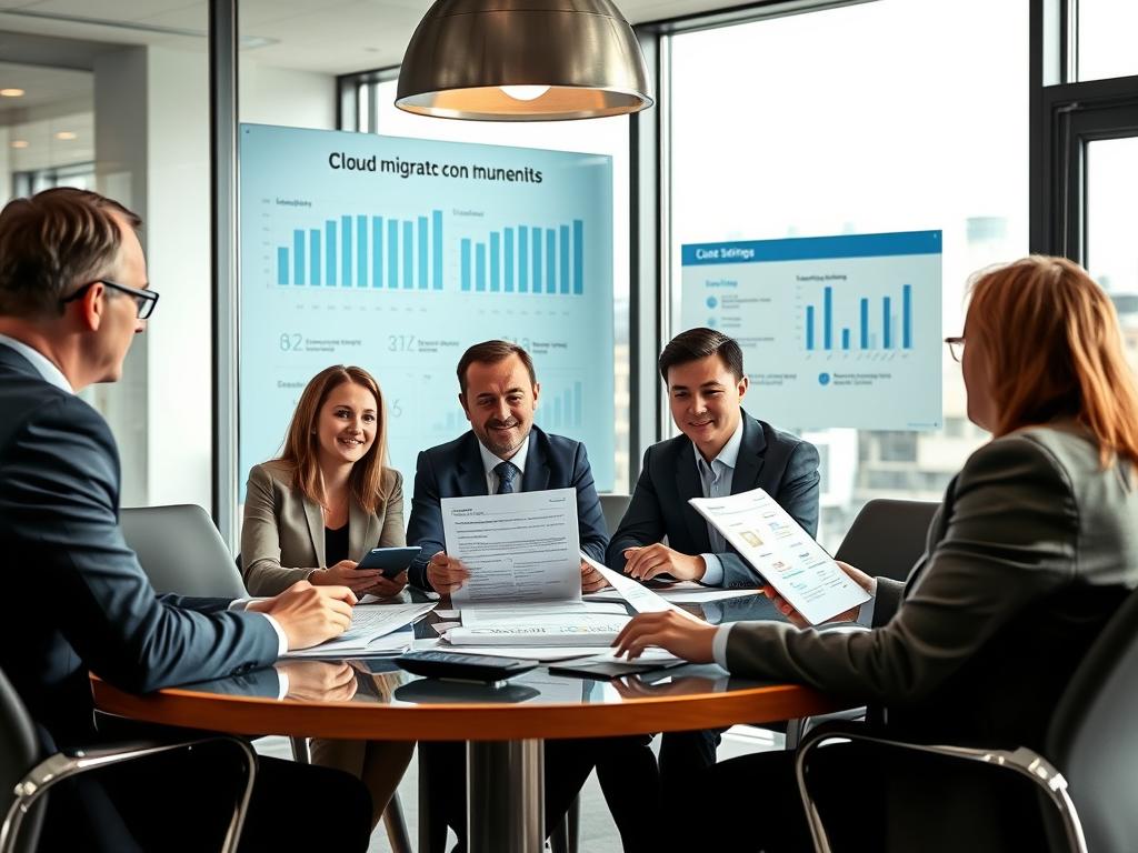 Führungskräfte, die die Vorteile der Cloud-Migration und die Kosteneinsparungsdiagramme prüfen