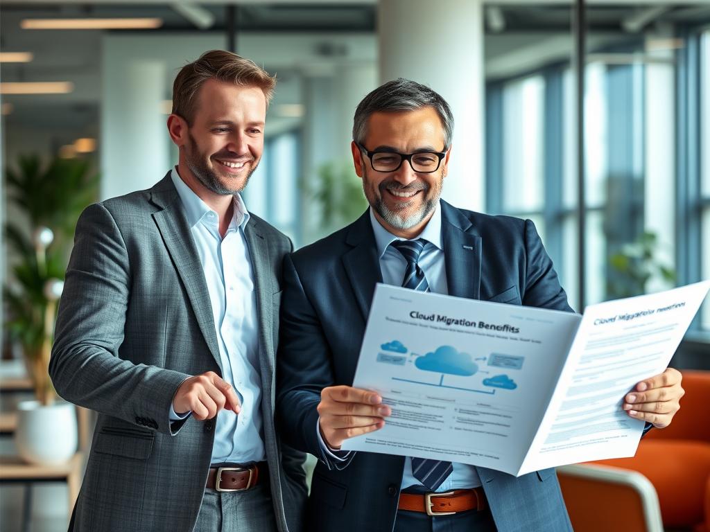 Business executives reviewing cloud migration benefits