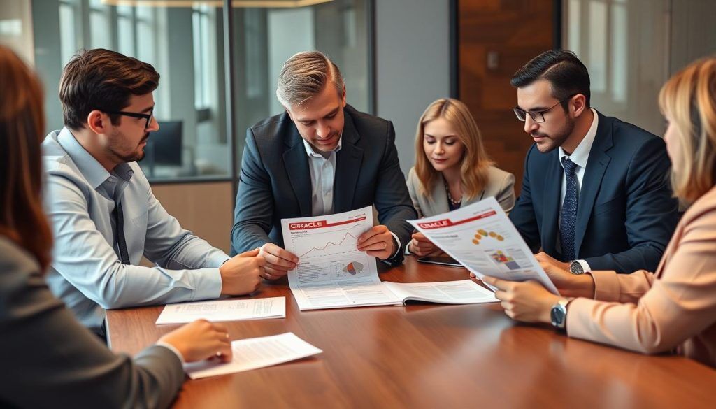 Företagsledare som granskar fallstudier om molnimplementering för AWS och Oracle Företagsledare som granskar fallstudier om molnimplementering för AWS och Oracle