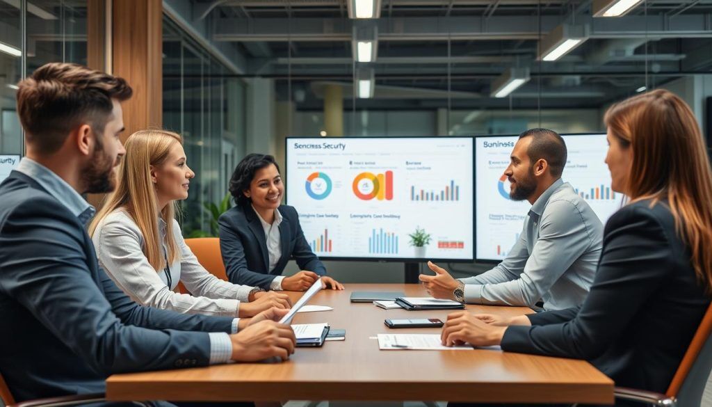 Bedriftsfolk ser på fordelene med sikkerhet i nettskyen med en sikkerhetsleverandør