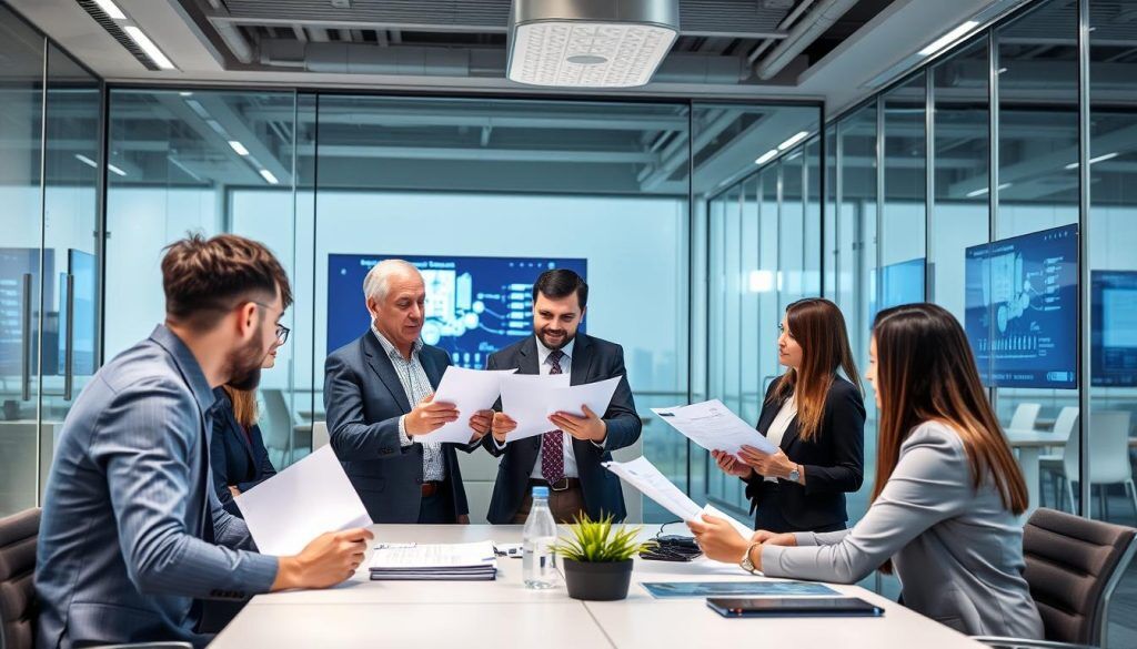 Equipo empresarial evaluando propuestas de proveedores de servicios informáticos en una sala de reuniones