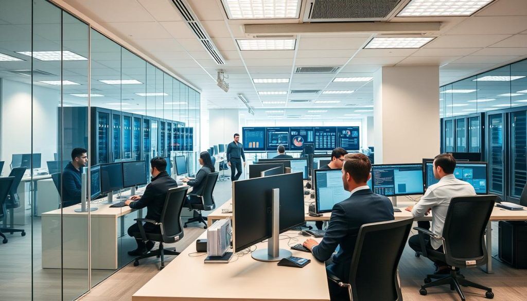 Equipo empresarial que trabaja de forma productiva con una infraestructura informática moderna