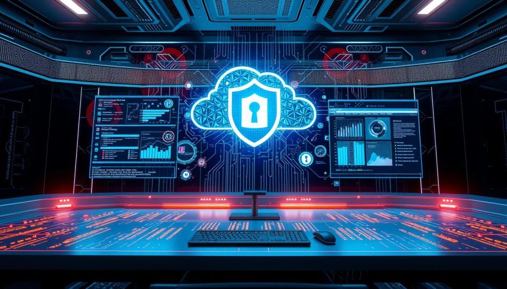 Futuristisk visualisering av AI-drevet automatisering av skysikkerhet