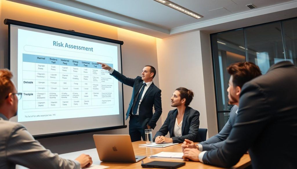 IT disaster recovery consultant conducting a risk assessment with client team