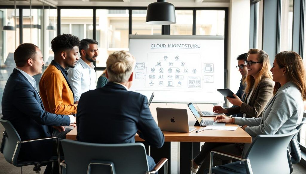 IT-folk diskuterer Azure-migreringsstrategi ved et konferansebord