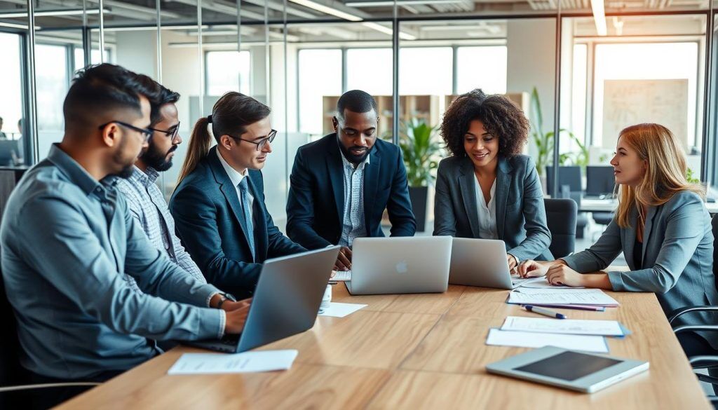 IT professionals discussing cloud migration strategy around a conference table