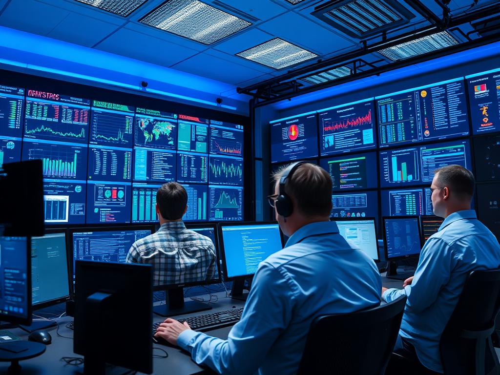 Profesionales informáticos en un centro de operaciones de red supervisando varias pantallas