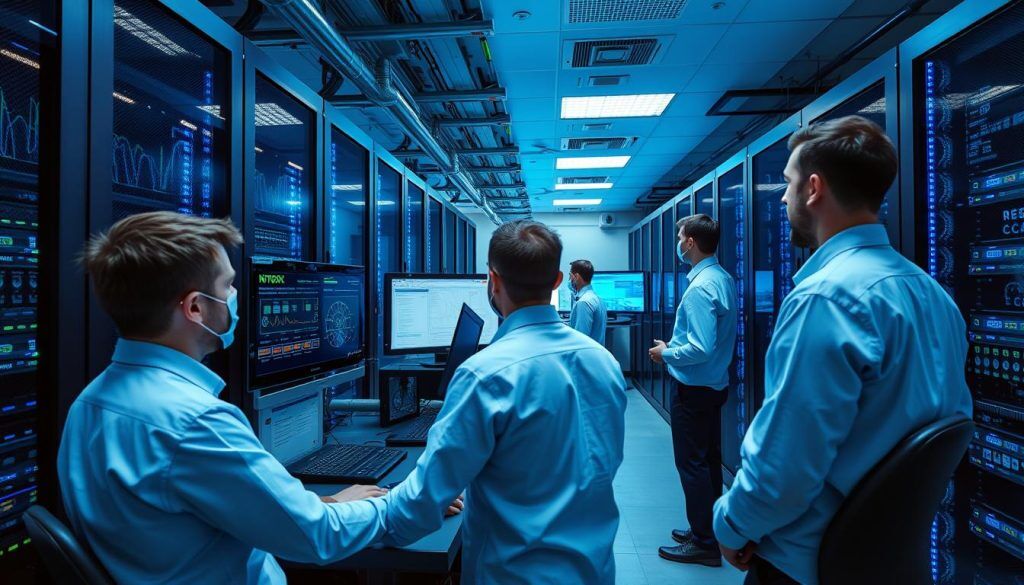 Equipo de proveedores de servicios informáticos trabajando en un moderno centro de datos con servidores y pantallas de monitorización