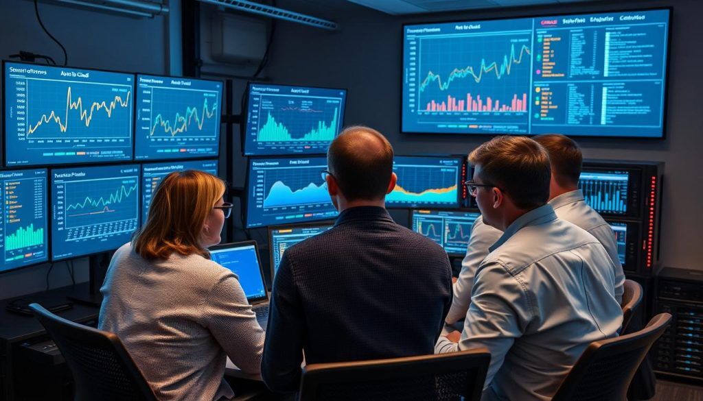 IT-team som analyserar molnprestandamätvärden för AWS vs Oracle IT-team som analyserar molnprestandamätvärden för AWS vs Oracle
