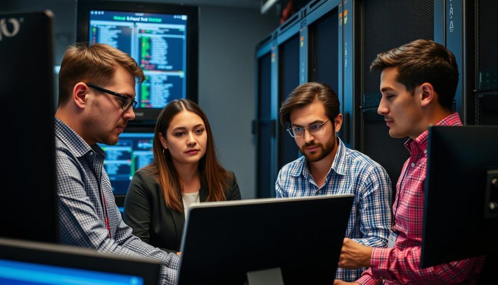 IT team troubleshooting migration issues in a server room