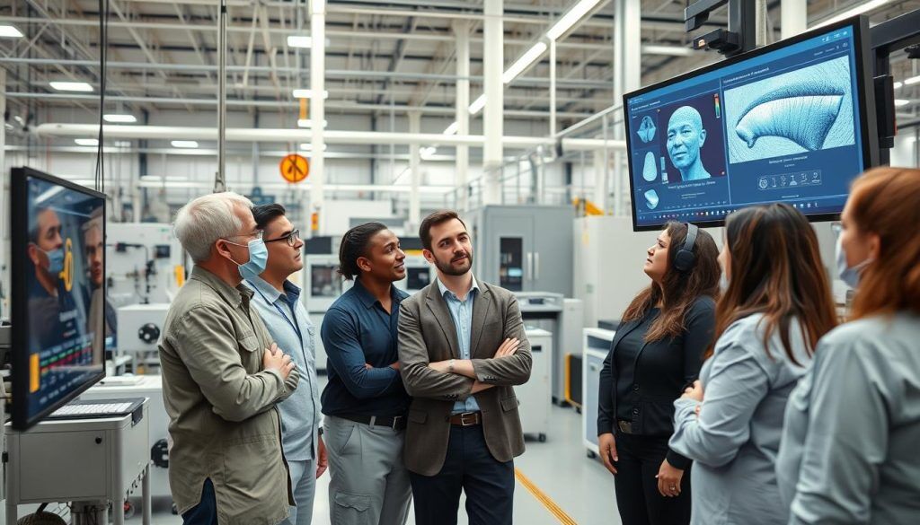 Manufacturing quality control team reviewing Automated Visual Inspection results