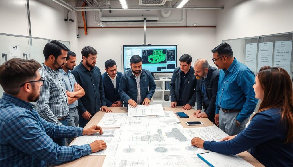 Manufacturing team reviewing Automated Visual Inspection implementation plan