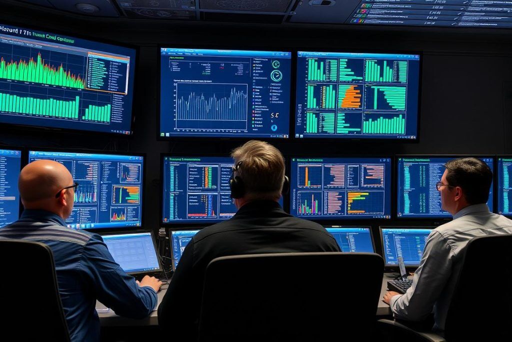 Driftteam som övervakar molnprestanda i ett nätverksdriftcenter Driftteam som övervakar molnprestanda i ett nätverksdriftcenter