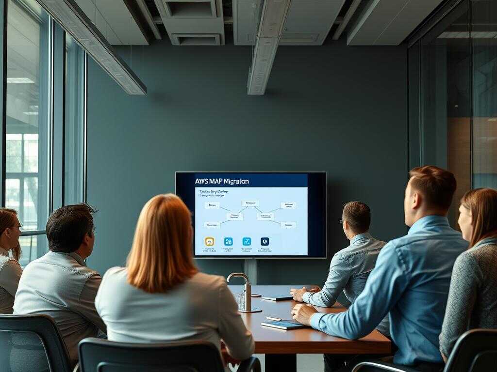 Opsio-Berater erklärt den Führungskräften des Kunden die Vorteile von AWS MAP