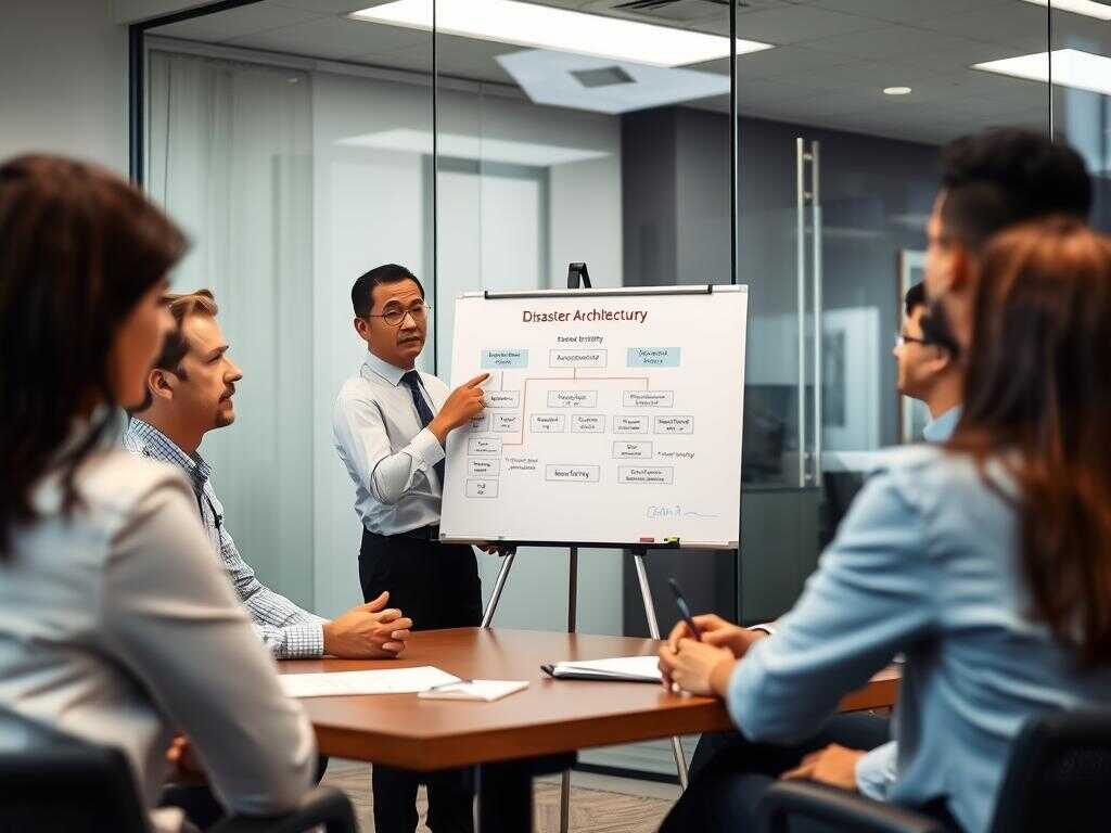 Opsio consultant explaining disaster recovery strategy to client team