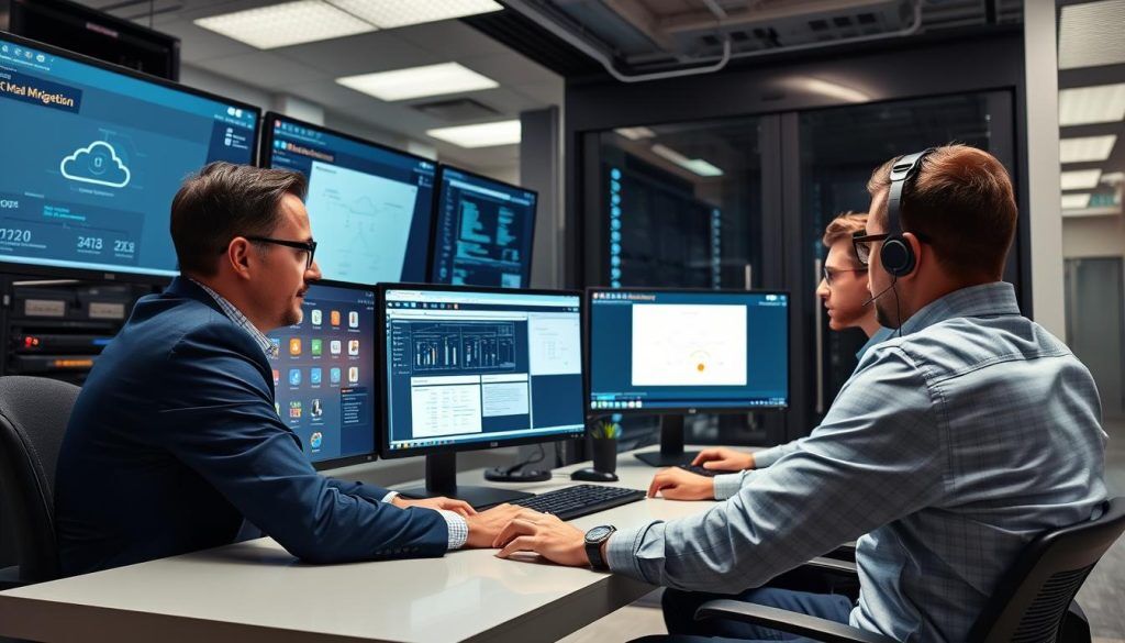 Das technische Team von Opsio implementiert AWS-Migrationslösungen in einer Rechenzentrumsumgebung