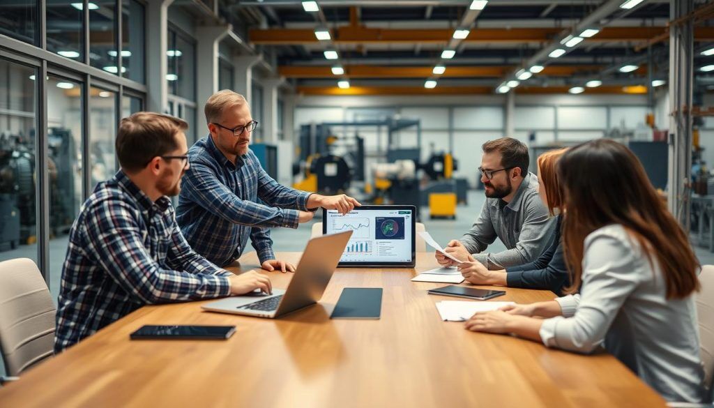 Predictive maintenance consultant working with manufacturing team to implement a system