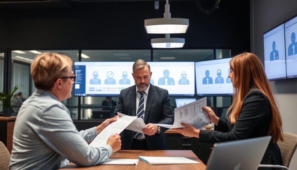 Security specialists reviewing cloud compliance documentation