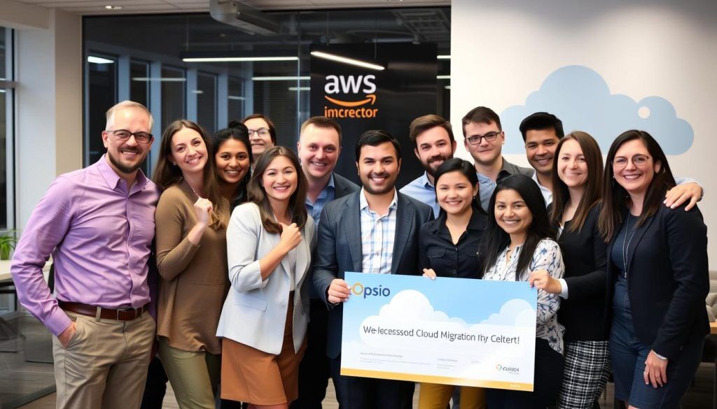 Das erfolgreiche Cloud-Migrationsteam von Opsio und der Kunde feiern den Projektabschluss