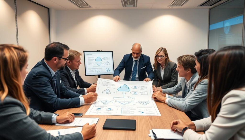 Teamet tar opp utfordringer knyttet til implementering av skysikkerhet i et strategisk møte