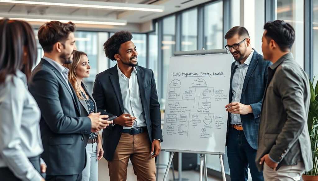 Ein Team von IT-Experten diskutiert die Strategie des AWS Migration Acceleration Program auf einem Whiteboard.