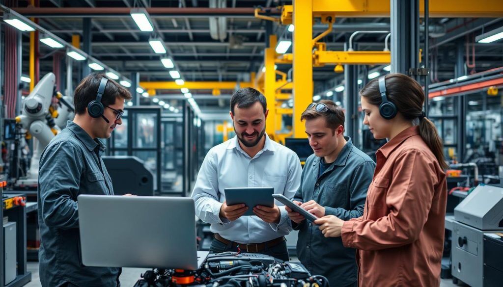 Ein Team von Ingenieuren und Datenwissenschaftlern implementiert KI-Lösungen in einer Automobilfabrik