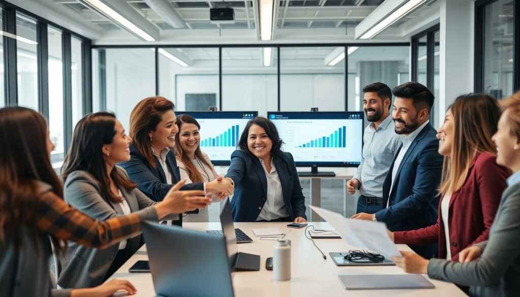 Business team celebrating successful cloud transformation with managed AWS services Business team celebrating successful cloud transformation with managed AWS services