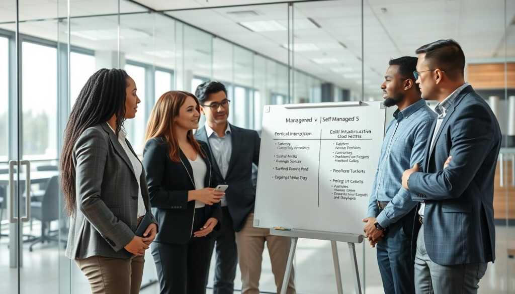 Business team discussing managed AWS vs self-managed cloud options in a modern office setting Business team discussing managed AWS vs self-managed cloud options in a modern office setting