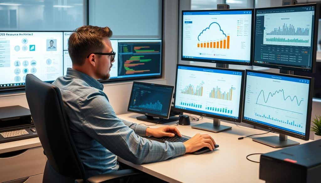 Cloud architect working on resource optimization diagrams Cloud architect working on resource optimization diagrams