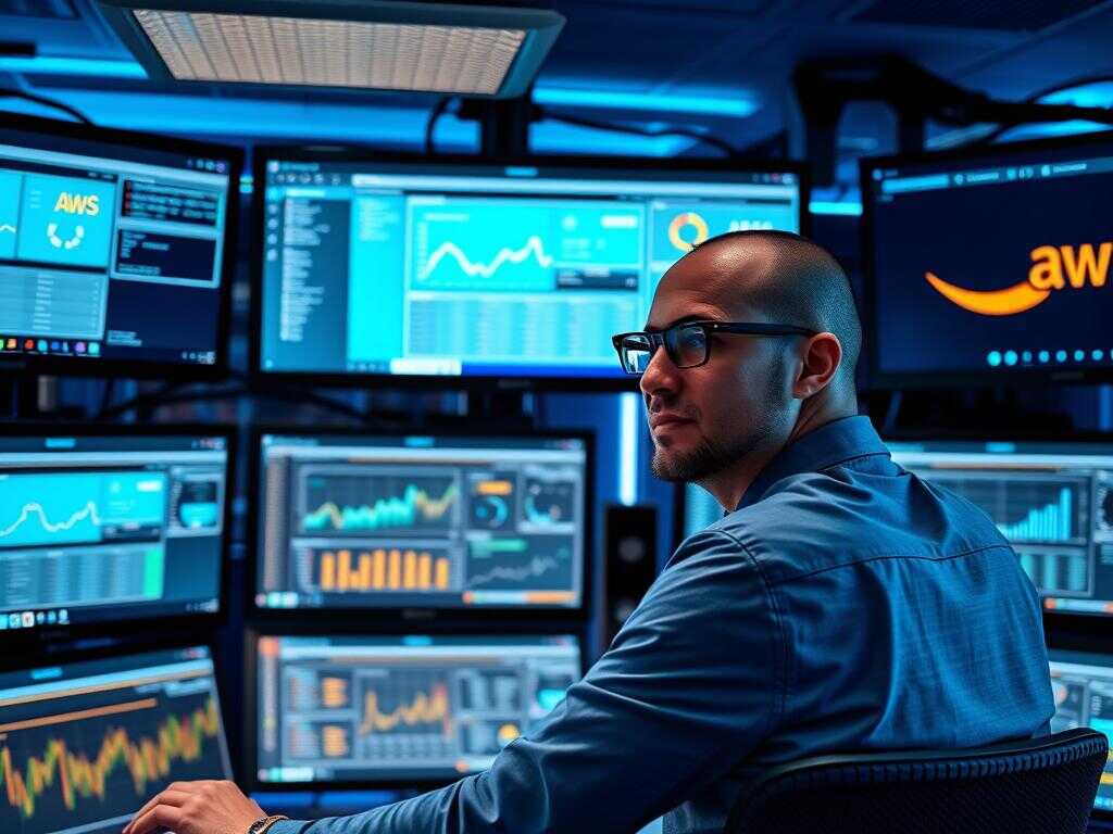 IT professional monitoring multiple AWS cloud dashboards in a managed service environment IT professional monitoring multiple AWS cloud dashboards in a managed service environment