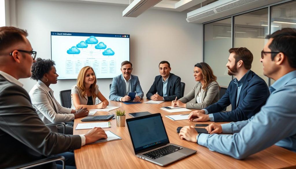 IT professionals discussing cloud optimization implementation strategies around a conference table IT professionals discussing cloud optimization implementation strategies around a conference table