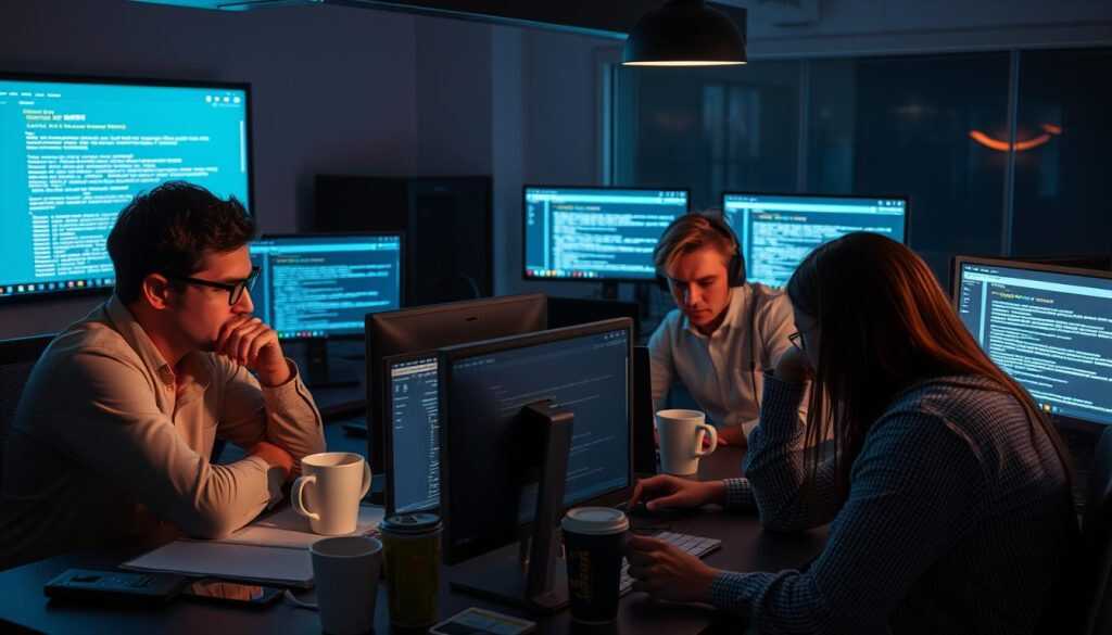 Stressed IT team working late to resolve AWS infrastructure issues in a self-managed environment Stressed IT team working late to resolve AWS infrastructure issues in a self-managed environment