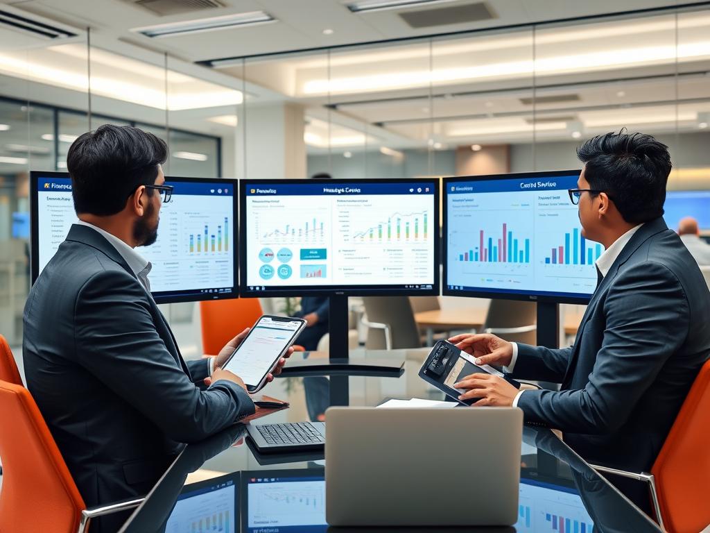 Financial team at an Indian MSP reviewing cost management strategies on digital displays