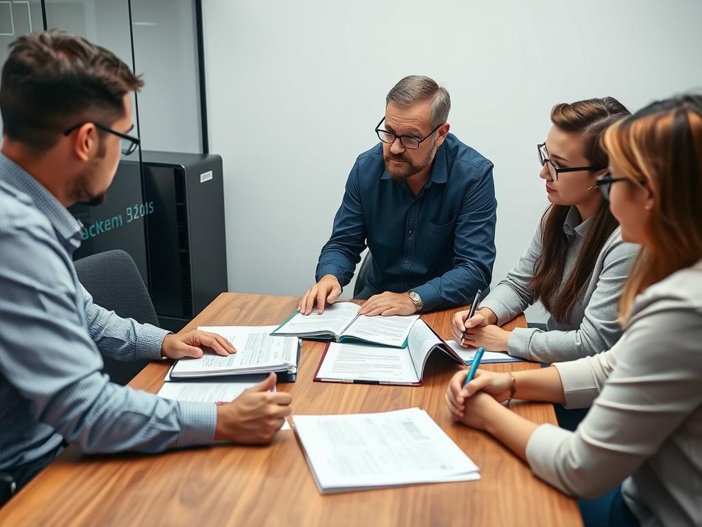 IT manager reviewing disaster recovery documentation with team