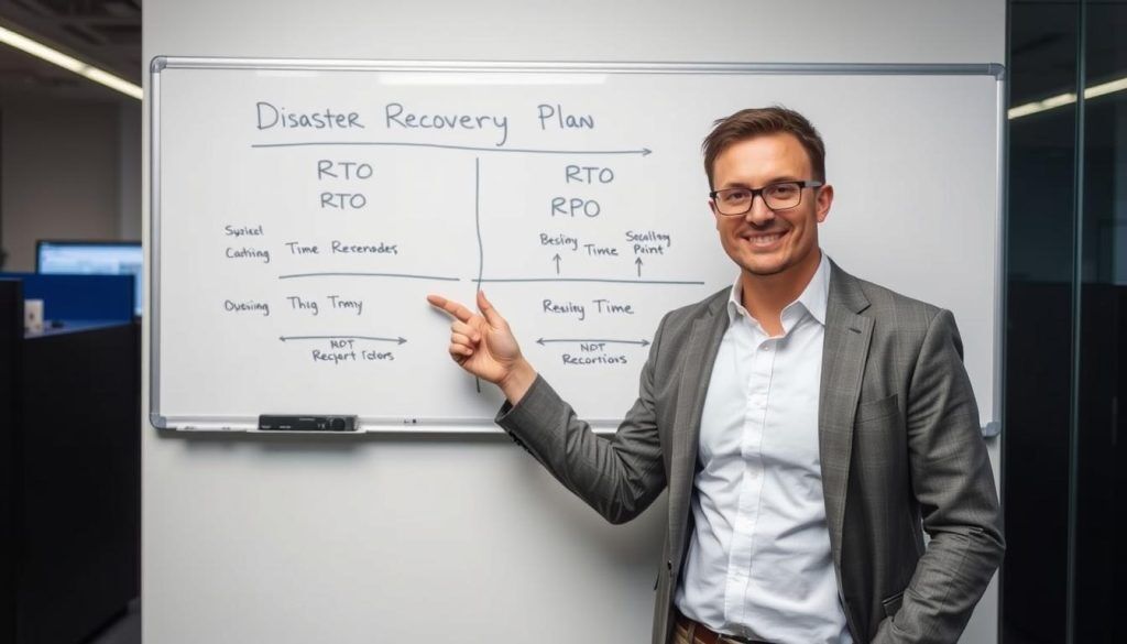 IT professional analyzing RTO and RPO metrics on a disaster recovery planning board