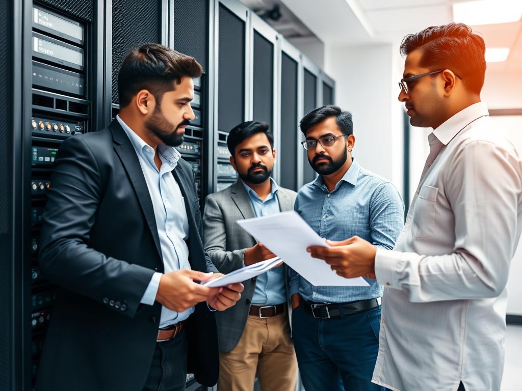 Indian IT team discussing scalability challenges with server infrastructure visible in background