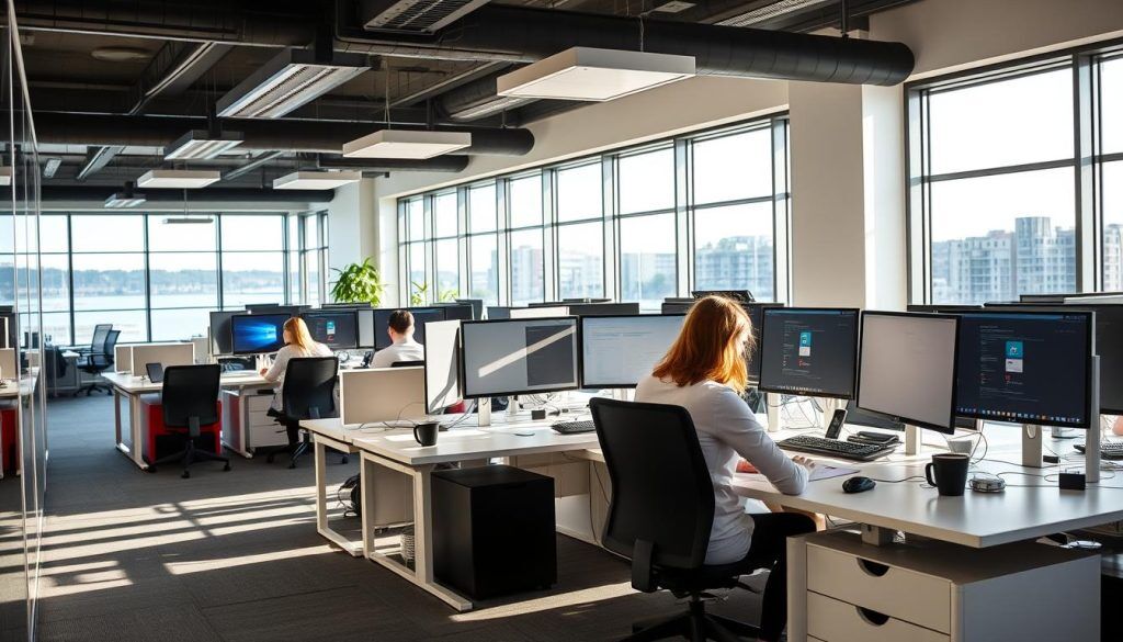 Opsios moderna kontor i Inre Hamn, Karlstad med IT-specialister i arbetsmiljö