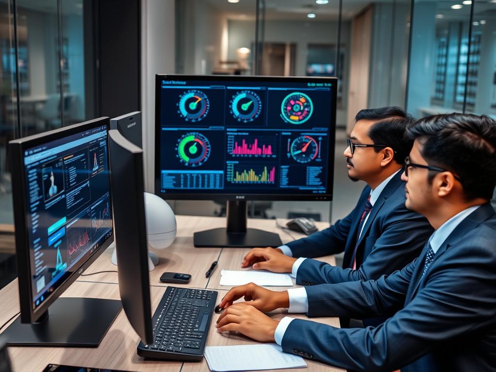 Security specialists at an Indian MSP reviewing Opsio's security dashboard