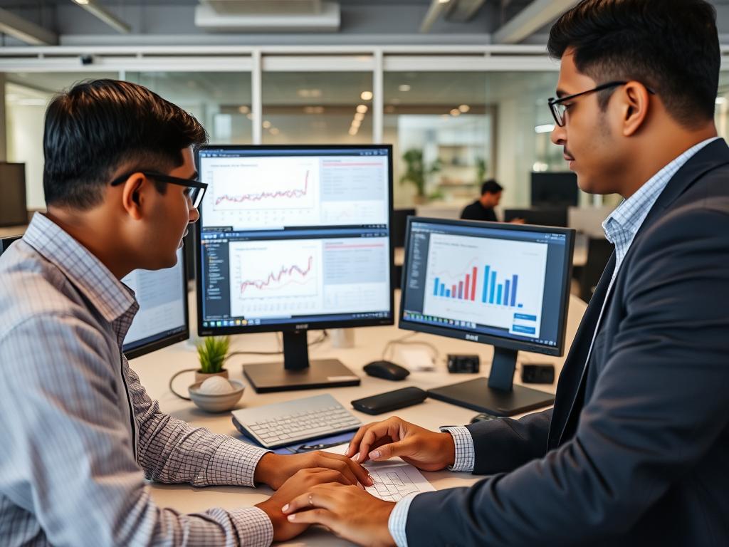 Technical analysts at an Indian MSP reviewing resource optimization metrics from Opsio's platform